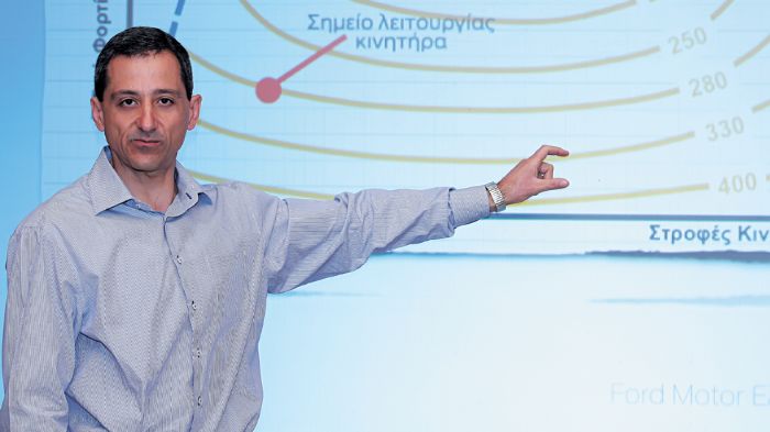 Ο Δρ. Βαγγέλης Καρβούνης, Senior Technical Leader & Manager, Global Diesel Powertrain Systems Ford Research & Advanced Engineering στα εργαστήρια της 